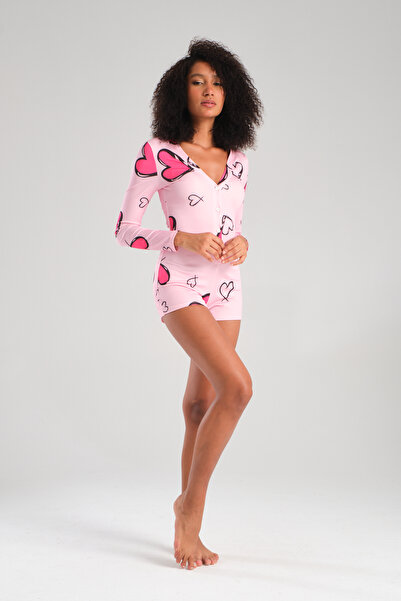 Zula Moda Uzun Kol Şortlu Kalp Desen Tulum Ev Giyim Pijama Takımı / Pijama Tu...