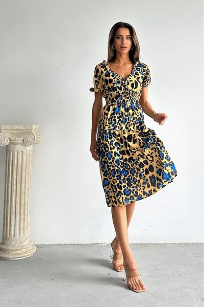 Betimoda Rochie midi cu mânecă scurtă cu talie elastică leopard Saks