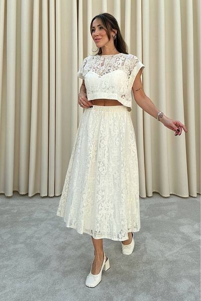Suzi Lace Crop and Lining Troc Detailed Skirt Suit T29711