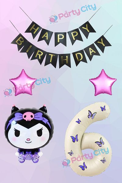 Party City 6 Year Old Kuromi Themed Starry Birthday Celebration Set - Butterfly Cream Colored Number Foil Balloon