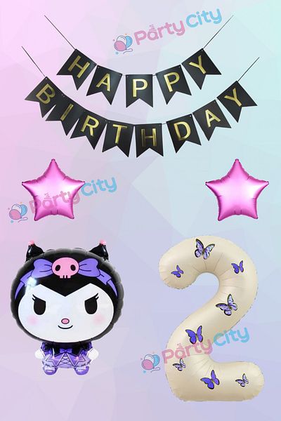 Party City 2 Year Old Kuromi Themed Starry Birthday Celebration Set - Butterfly Cream Colored Number Foil Balloon