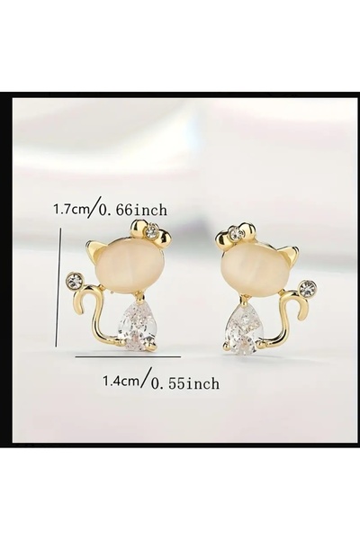 ORGANICYOU RHINESTONE Beyaz zirkonya taşlı sevimli kedi küpe çifti