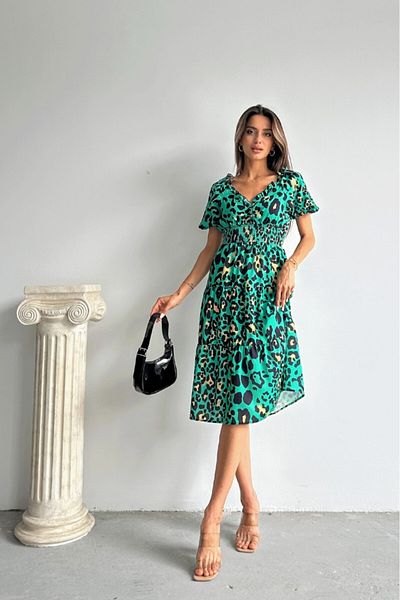 Betimoda Rochie midi cu mâneci scurte, cu talie elastică, leopard, smarald