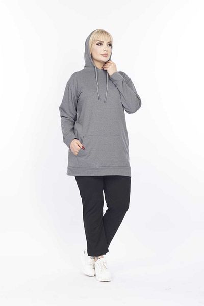 BİrHoşButik Plus Size Full Lycra Hooded Sweatshirt with Collar and Pockets, Long Sleeves, Trendy, Seasonal.