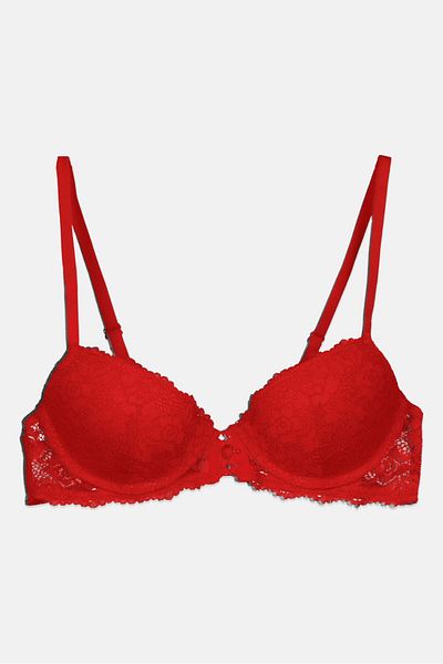 Undiz Women Textured Lace Padded Bra, Red