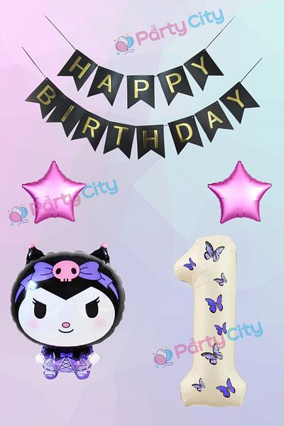 Party City 1 Year Old Kuromi Themed Starry Birthday Celebration Set - Butterfly Cream Colored Number Foil Balloon