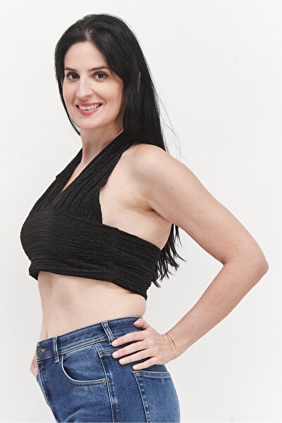 NA-KD Women Halter Neck Sleeveless Glitter Crop Top , Black