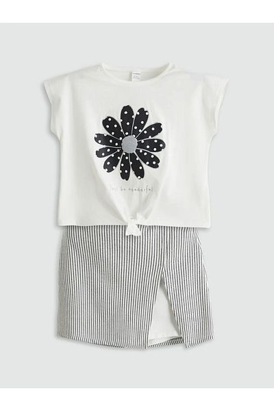 LC Waikiki Lcw Kids Ecru Floral Girl's Blouse and Shorts Skirt 2-Piece