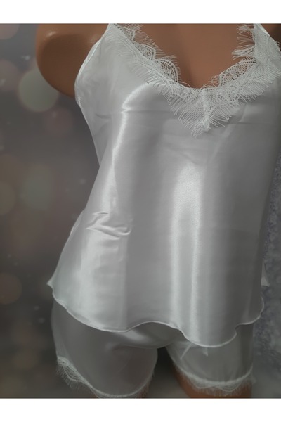 Butik White Satin Thin Strap Neck and Shorts Hem Tulle Detailed Women's Top Shorts Set