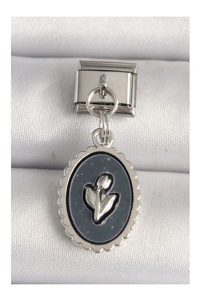 Clariss 316L Steel Silver Color Flower Embroidered Black Portrait Model Nomination Charm