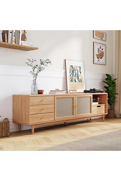 WoodenDecoration01 Ahşap Rattan Kapak Detaylı Modern Tv Ünitesi