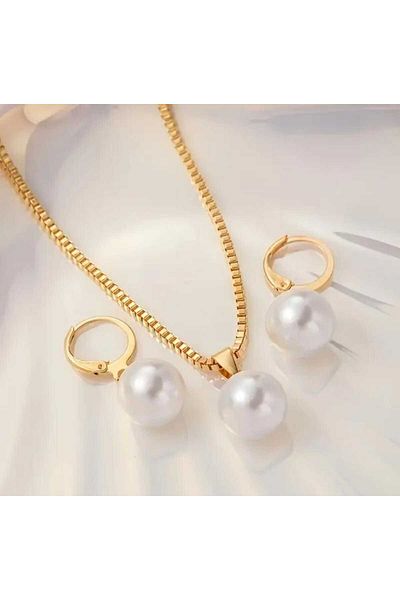 beynaaksesuar Gold Plated Pearl Necklace Earring Set Gift Set Gift for Lover Gift for Mother