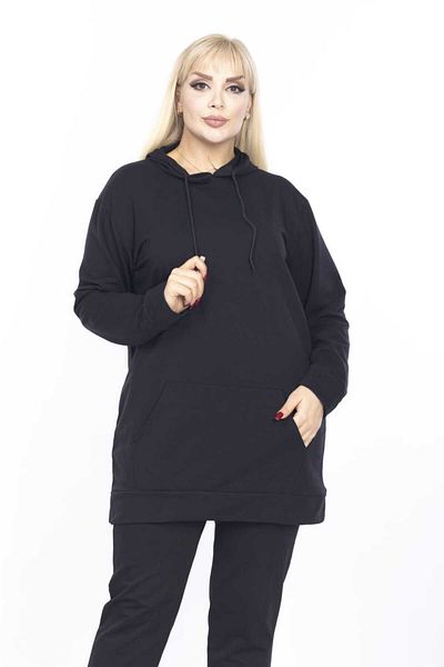 BİrHoşButik Plus Size Full Lycra Hooded Sweatshirt with Collar and Pockets, Long Sleeves, Trendy, Seasonal.