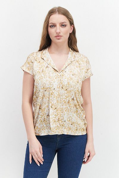 TAIFUN Women Spread Neck Short Sleeve Allover Print Top, Beige Combo