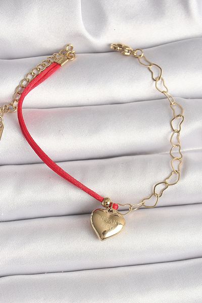 STOREMAX 316L Steel Gold Color Chain Red Rope Model Hanging Heart Figure Engraved Detailed Women's Bracelet