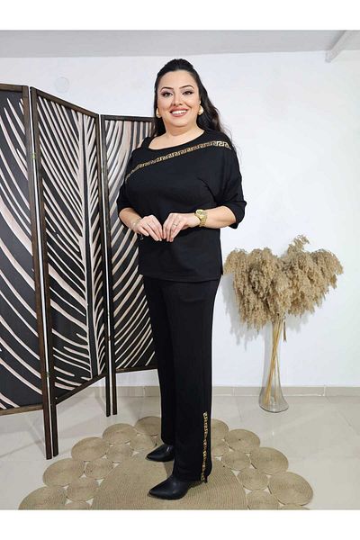 BİrHoşButik Plus Size Full Lycra Off Shoulder Pocket Gold Striped Daily Trend Seasonal Comfortable Track Suit