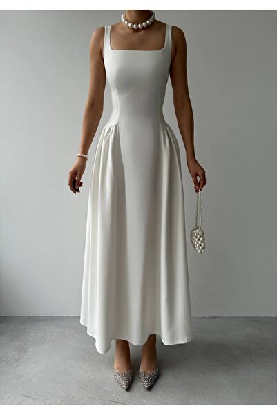 SEVENLINE Kadın Kare Yaka Askılı Piliseli Maxi Boy Elbise