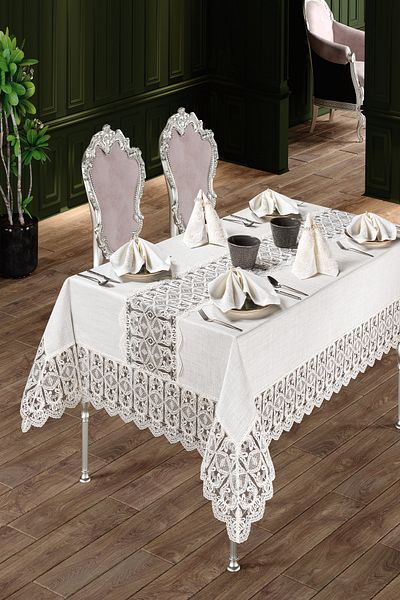 Annalisa Mod-1 25 Piece Linen French Lace Luxury Table Cloth Set with 12 Napkins Boxed