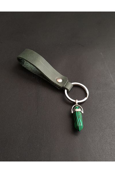 BSN Store Khaki Green Genuine Leather Keyring with Natural Malachite Stone