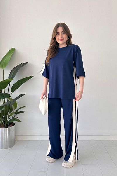 MaziButik Slit Modal Suit Navy Blue