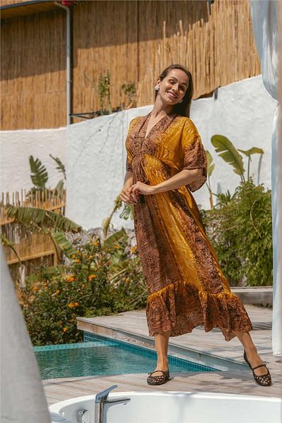 Miss Boheme Brown Patterned Silk Dress