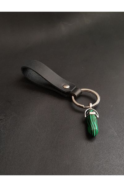BSN Store Black Real Leather Keyring with Natural Malachite Stone