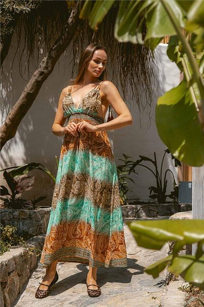Miss Boheme Green Color Strappy Silk Dress