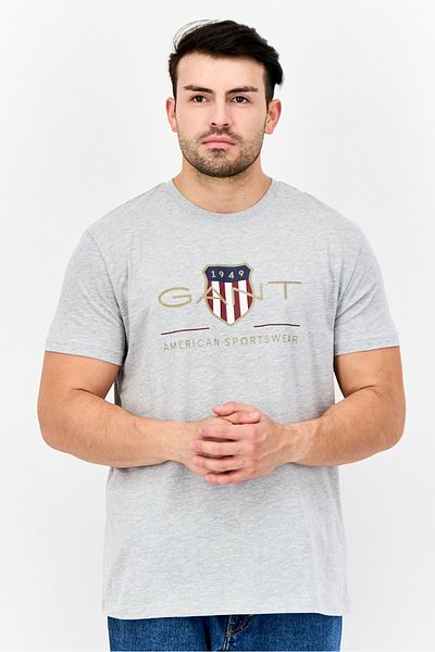 Gant Men Crew Neck Short Sleeves Brand Logo T-shirt, Light Grey
