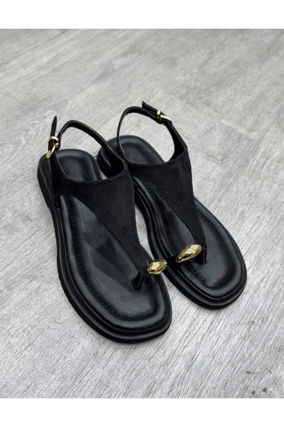 MYVOLANTE Sandale din piele intoarsa neagra cu detaliu accesorii aurii