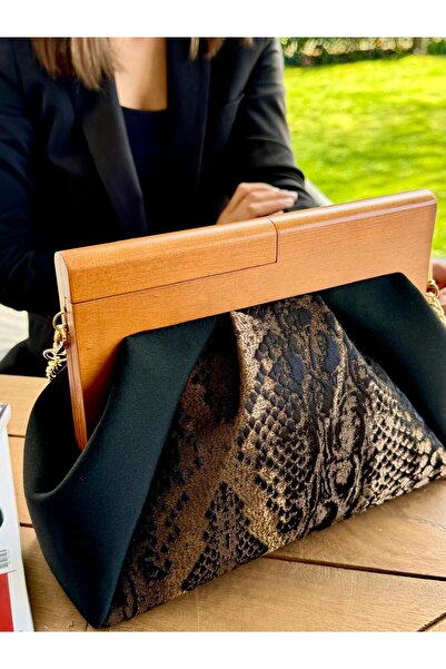 JOPHIEL Patchwork, Zincirli, Ahşap Burslu Çanta, Clutch, El Çantası, Kol Çantası, Omuz Çantası