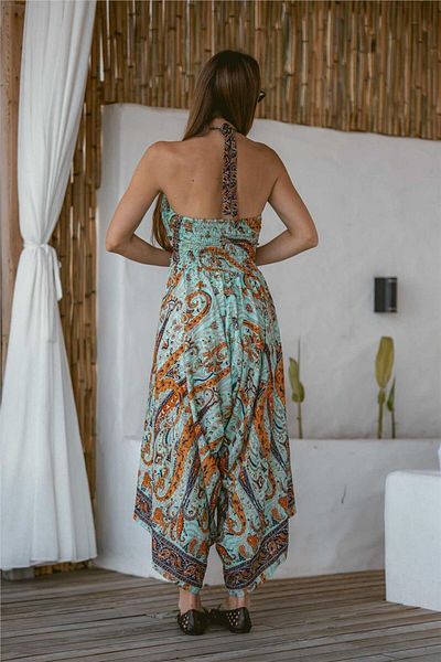 Miss Boheme Turquoise Color Halter Neck Backless Silk Jumpsuit