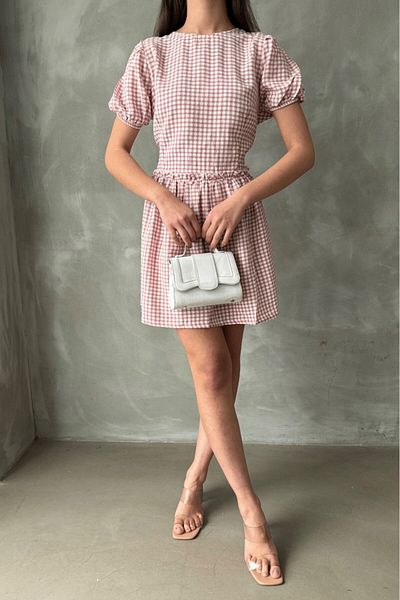 Betimoda Μίνι φόρεμα με κοντό μανίκι Gingham ροζ