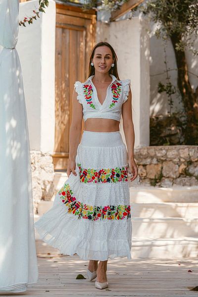 Miss Boheme White Embroidered Skirt Blouse Set with Embroidery Detail