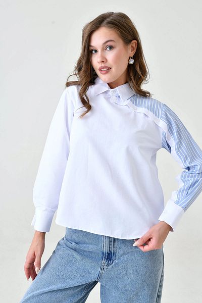 bacc Cămașă țesătă din popelin cu design special alb albastru pentru femei Bc24yg1069