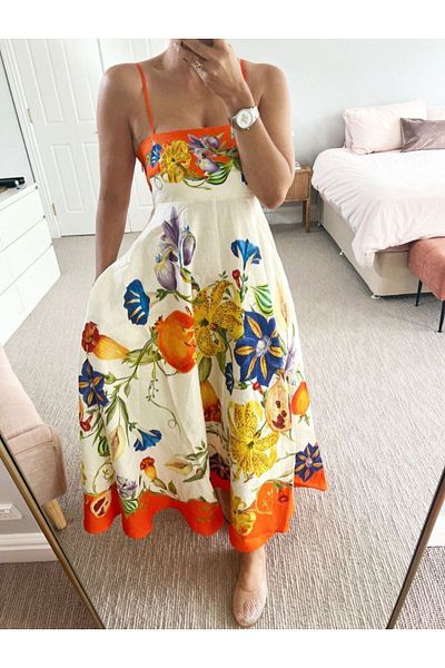S&A Collectionn Rochie maxi căptușită cu decolteu pătrat cu bretele cu model multicolor pe spate