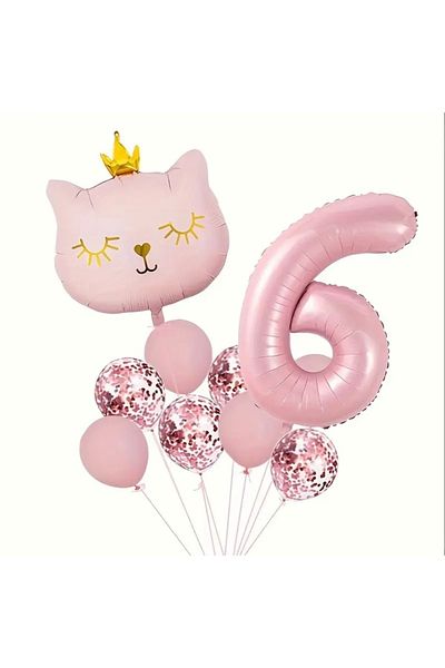 ALYA PARTY Pink Crowned Cat Figure Foil με μπαλόνια Σετ γενεθλίων Σετ γενεθλίων
