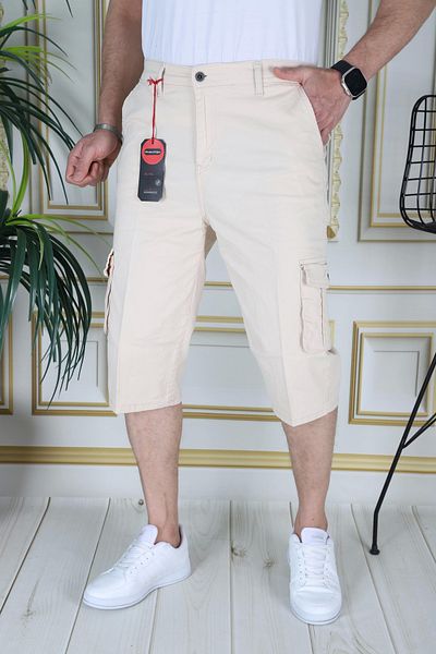 PHANTOM JEANS Μπεζ ανδρικό Slim Fit Capri Lycra Gabardine Bermuda με τσέπες Cargo κάτω από το γόνατο