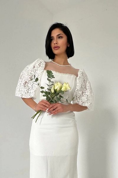 COjans White Pearl Tulle Detail Dress