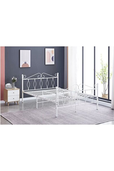 Generic إطار سرير معدني قوي، بناء متين، مع شرائح معدنية، تصميم أنيق، 200×200 سم، أبيض