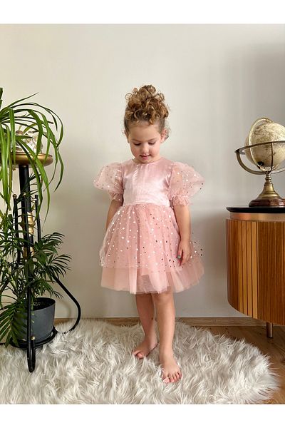 penu baby kids Powder Short Balloon Sleeve Skirt Star Print Top Satin Bow Girls' Baby Girl Dress