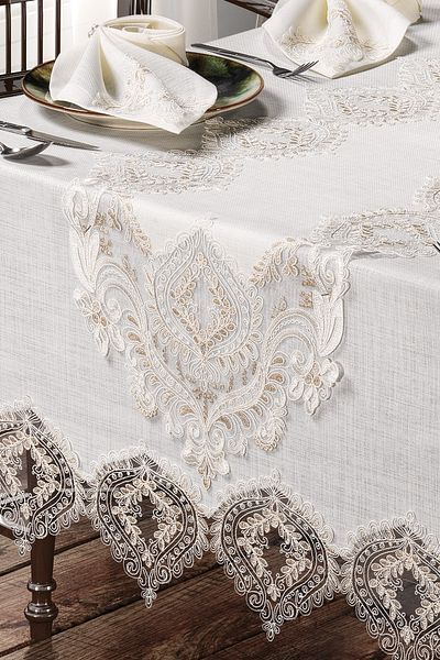 Annalisa Solit Set 26 Piece Linen French Lace 12 Napkins Luxury Table Cloth Set Boxed