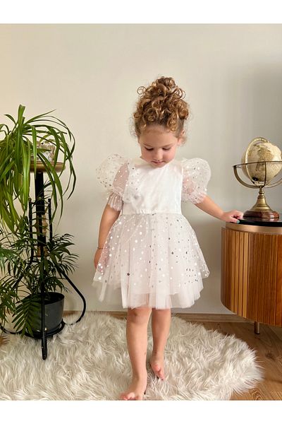 penu baby kids White Short Balloon Sleeve Skirt Star Print Top with Satin Bow Girls Kids Baby Girl Dress
