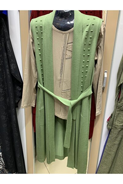 Butik Tesettür beli kemer detaylı genç anne ince triko yelek