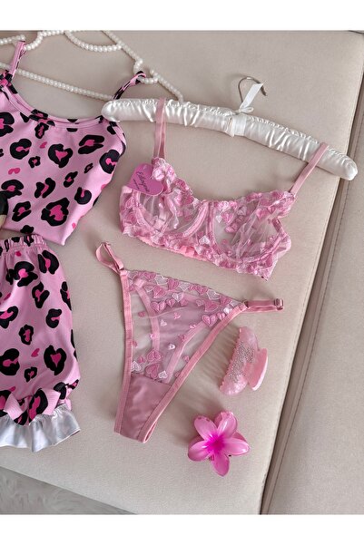 EDLİNGERİE Rózsaszín leopárd mintás Yucuc pizsama szett pamut bralet szett