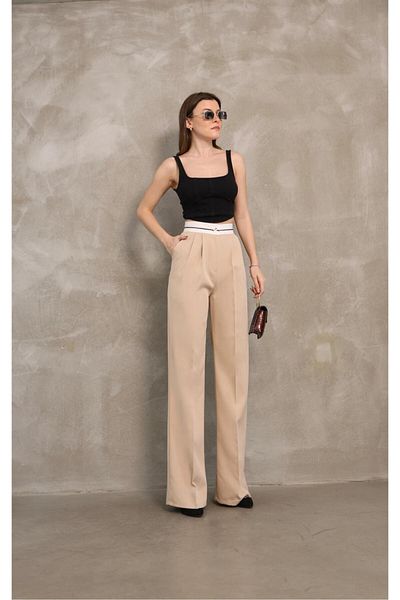 Sea Queen Women's High Waist Asymmetrical Reverse Belt and Double Gimp Detailed Palazzo Fabric Pants