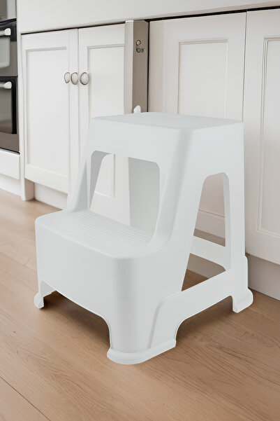 Melkan Home Çift Basamaklı Beyaz Tabure - Büyük Boy Basamaklı Tabure - 2 Basa...