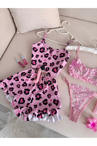 EDLİNGERİE Rózsaszín leopárd mintás Yucuc pizsama szett pamut bralet szett