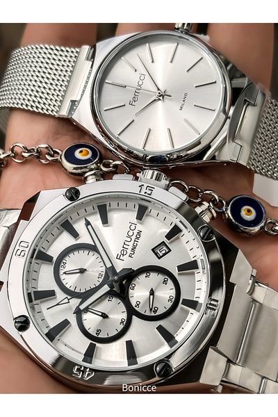 Ferrucci Lover, Couple, Silver Cord Steel Cord Wristwatches Rosary Bracelet