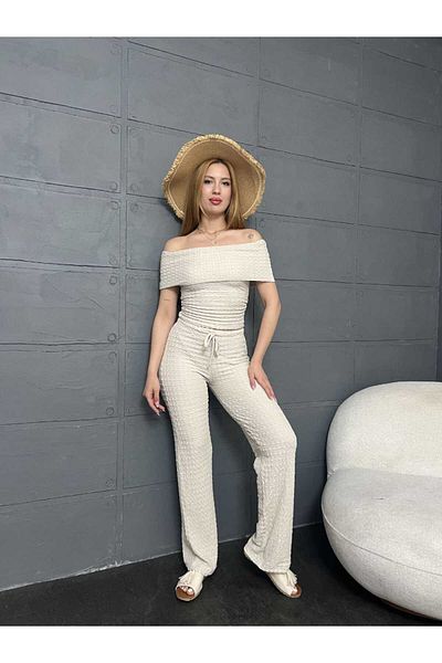 Butik Merrline Γυναικεία Κρέμα Gagari Πανί Madonna Πέτο Μπλούζα Σώμα Φαρδύ Παντελόνι Φαρδύ Παντελόνι Κάτω Σετ