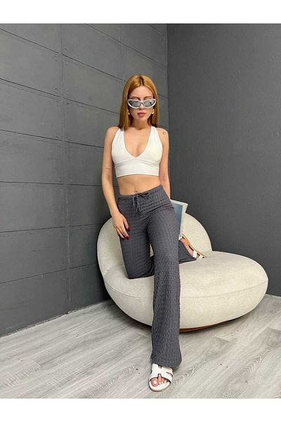 Butik Merrline Women's Gray Gagari Fabric High Waist Wide Leg Basic Pants